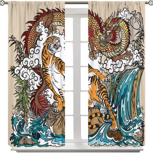 Chinese Dragon & Tiger in The Waterfall Landscape Window Curtain - Picture 5 of 7